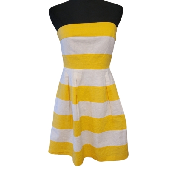 LOFT Yellow Strapless Striped Linen Dress Size 2 - Picture 2 of 6